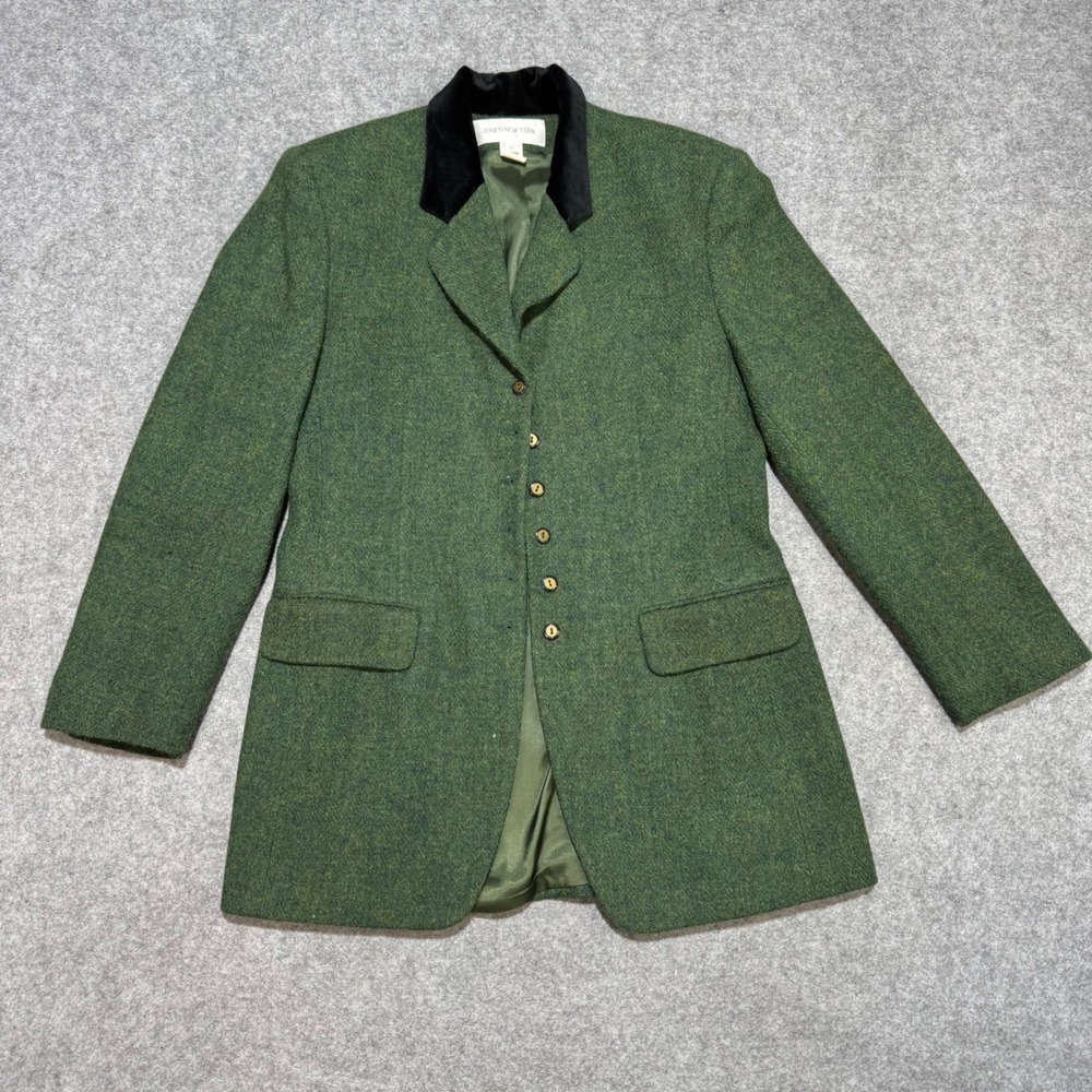 Jones New York Green Tweed Blazer Velvet Collar Equestrian Jacket Womens 10